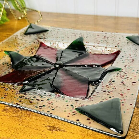 Fused Glass Signed Christmas Star Plate Serving Square Green Red Speckled 9” - Picture 8 of 12